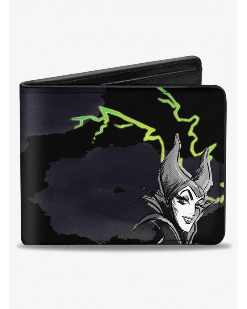 Disney Maleficent Smiling Sketch Lightning Clouds Bifold Wallet $9.82 Wallets